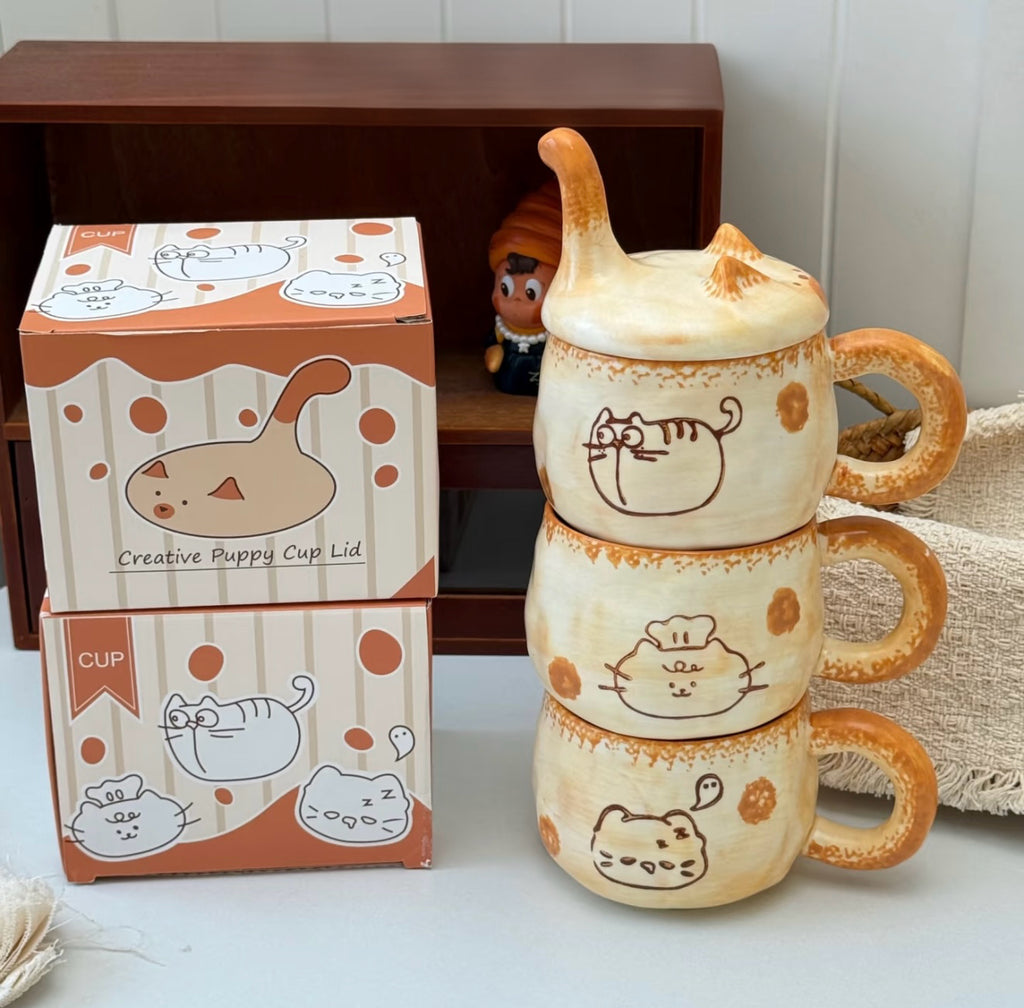 Cute 3D Cat Tail Ceramic Mug with Lid – 350ml