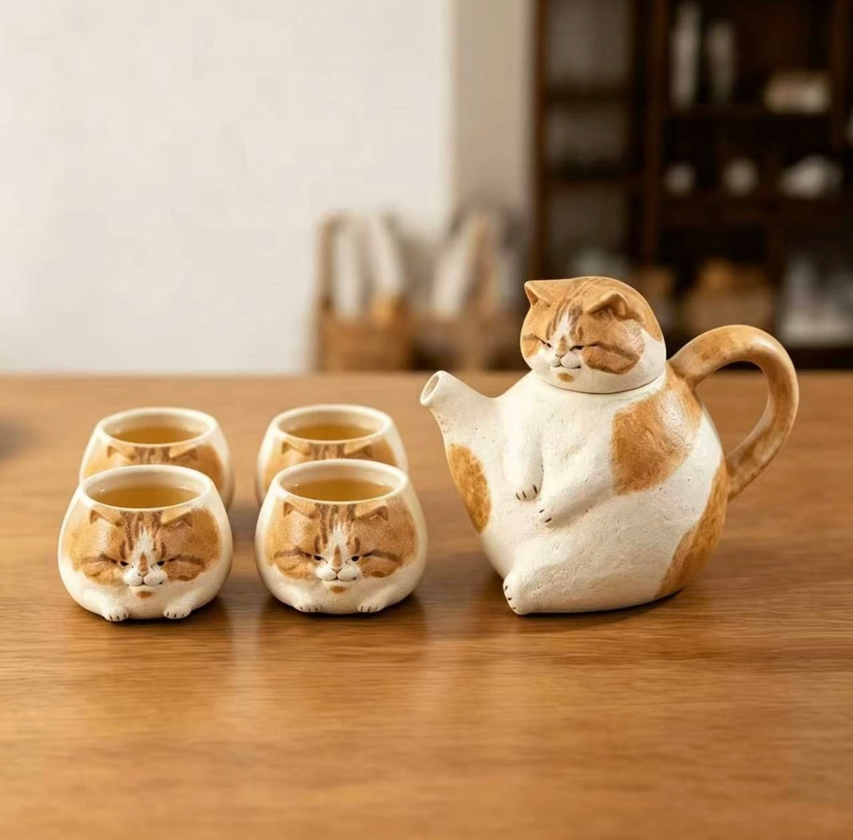 Handmade Cute Chubby Cat Teapot – Adorable Teapot Set, Housewarming & Birthday Gift Box