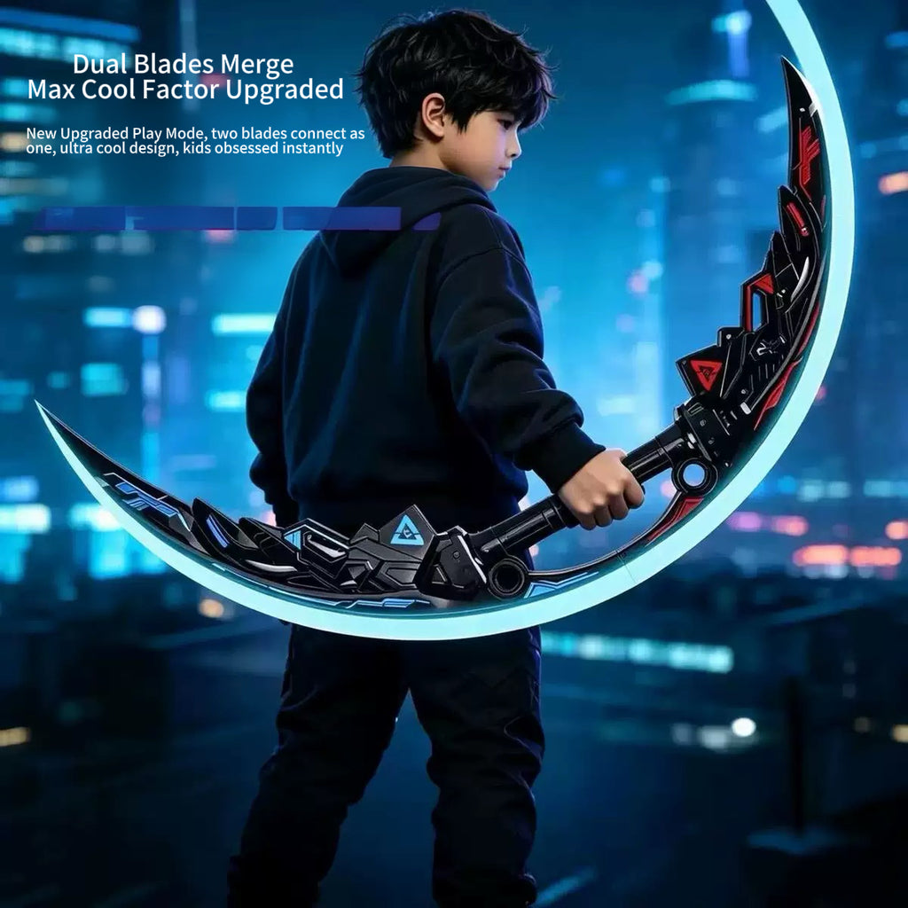 2-in-1 Glowing Crescent Moon Dual Blade Toy Saber for Boys with Combat Sound Effects