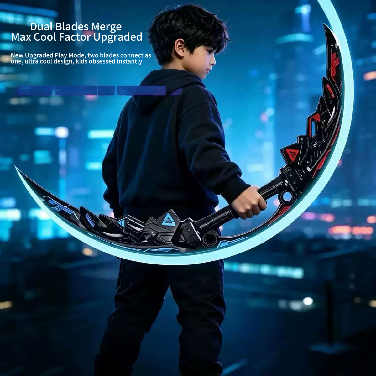 2-in-1 Glowing Crescent Moon Dual Blade Toy Saber for Boys with Combat Sound Effects