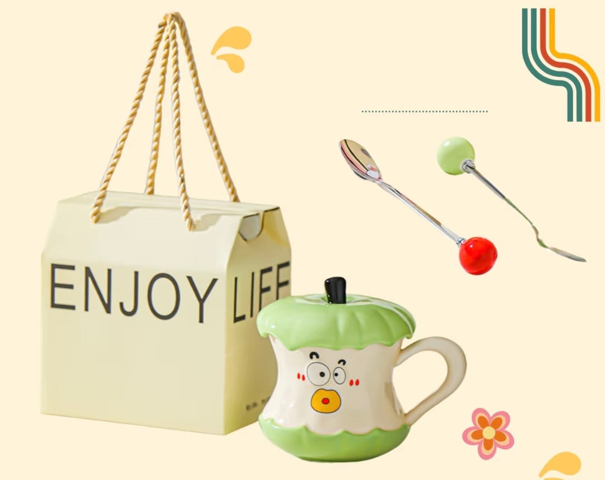 Funny & Cute Apple Mug with Lid and Spoon – Ceramic Coffee Cup, Birthday Gift for Her, Best Friend Gift Box