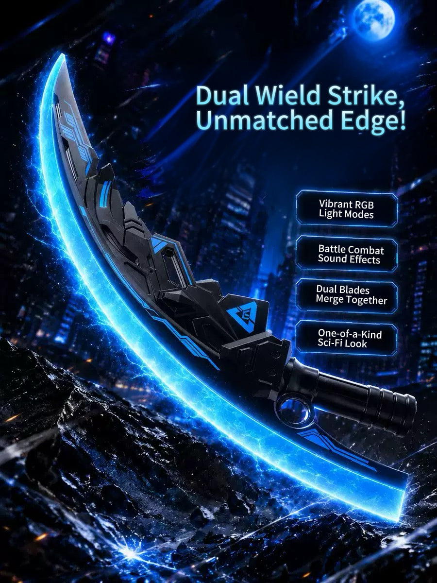 2-in-1 Glowing Crescent Moon Dual Blade Toy Saber for Boys with Combat Sound Effects