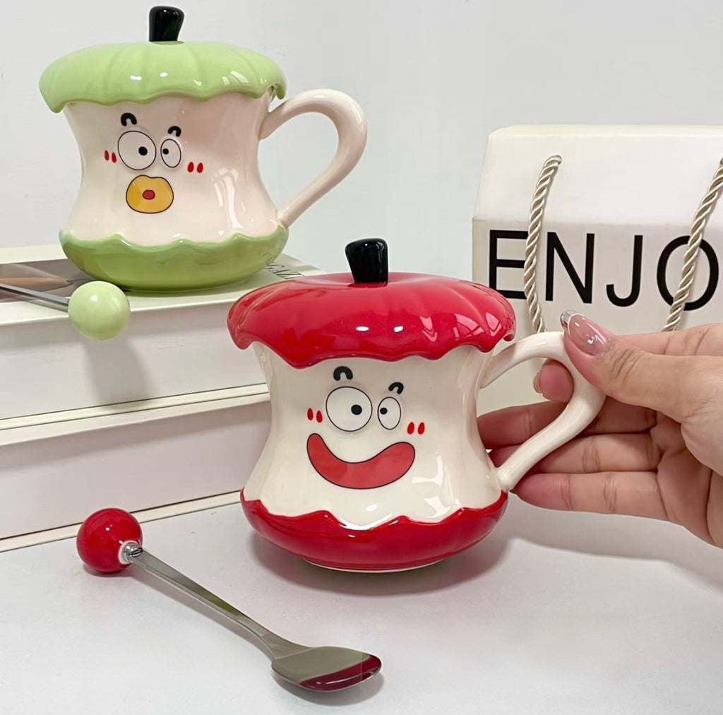 Funny & Cute Apple Mug with Lid and Spoon – Ceramic Coffee Cup, Birthday Gift for Her, Best Friend Gift Box