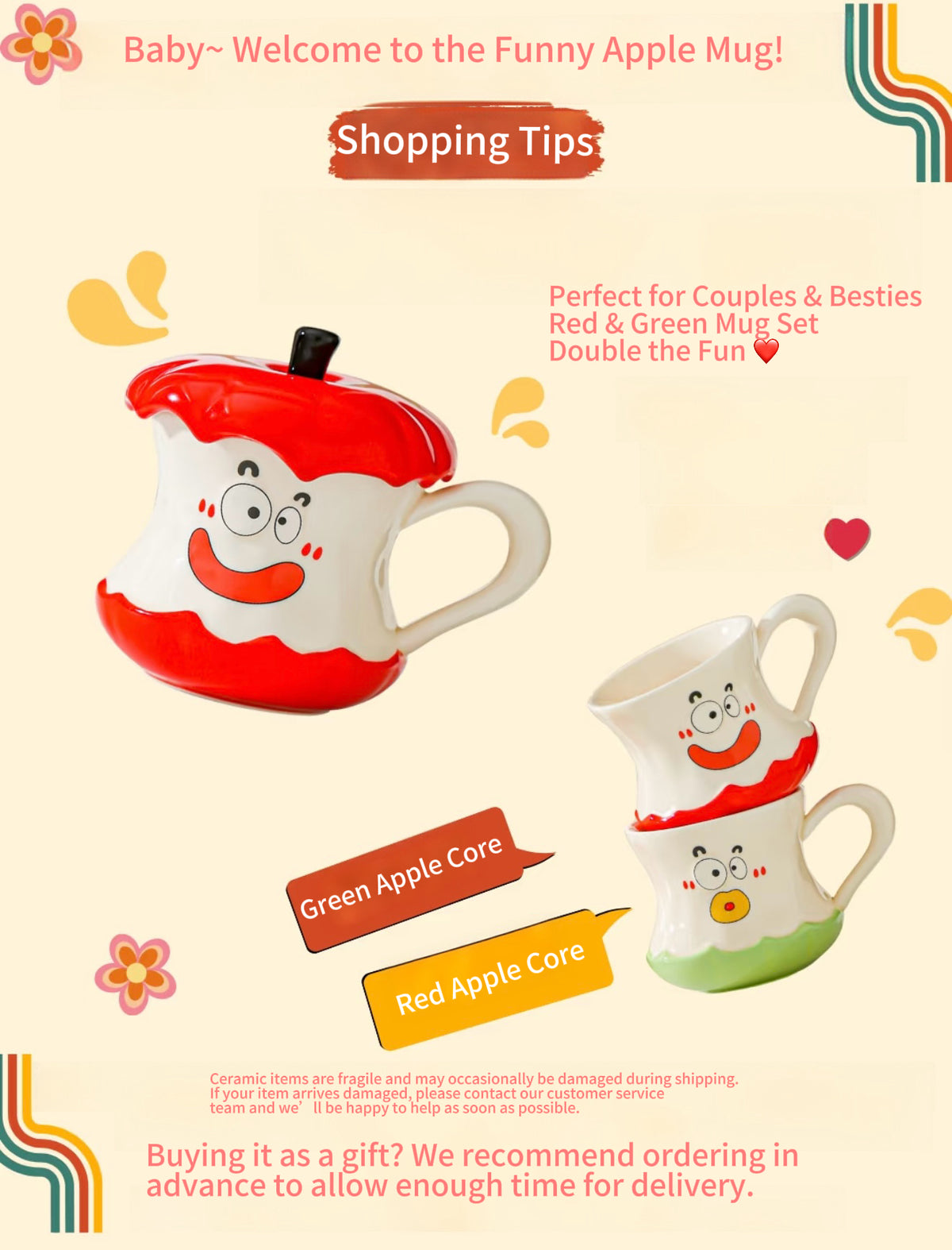Funny & Cute Apple Mug with Lid and Spoon – Ceramic Coffee Cup, Birthday Gift for Her, Best Friend Gift Box