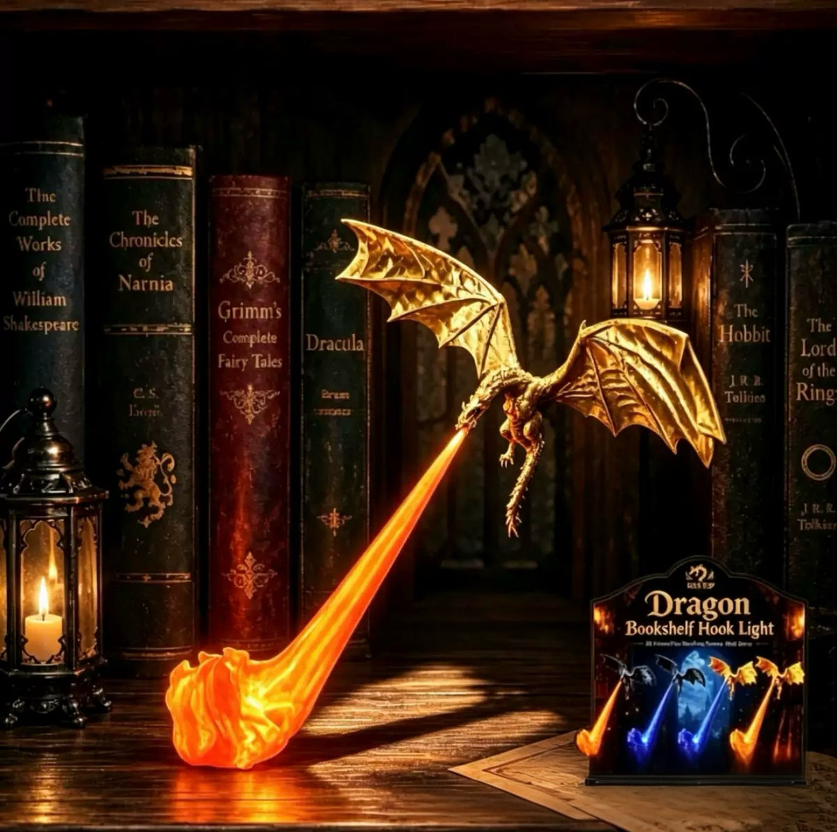 3D Printed Dragon Bookshelf Nook Light – Fantasy Dragon Book Nook Lamp & Shelf Decor