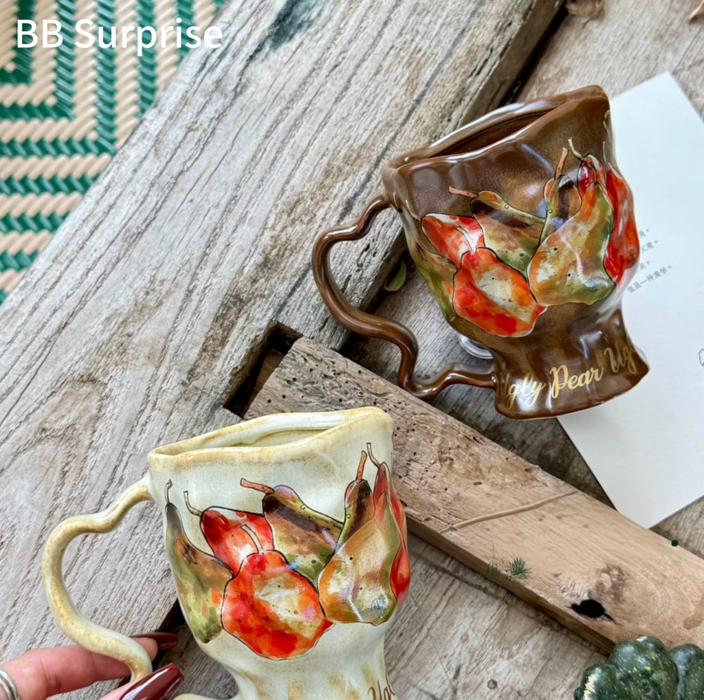 Vintage Kiln Change Glaze Mug, Oil Painting Pear Pattern Ceramic Cup
