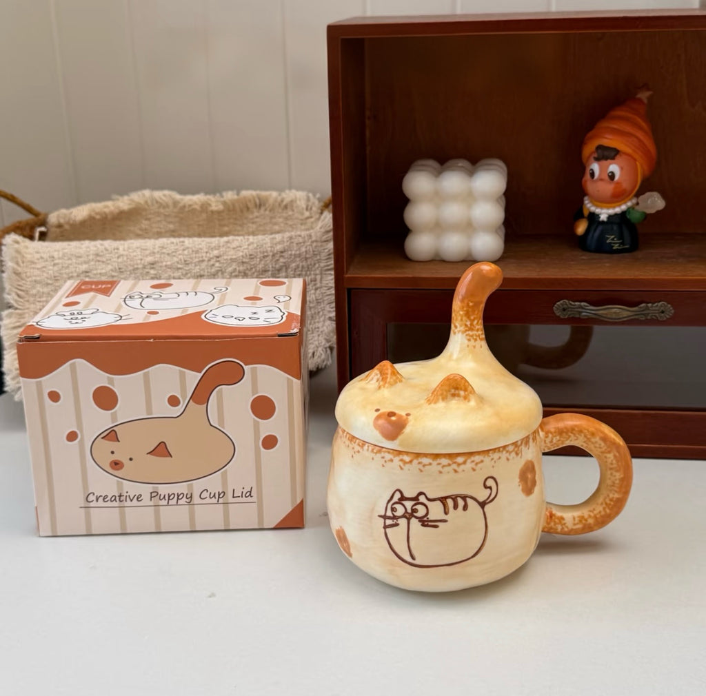Cute 3D Cat Tail Ceramic Mug with Lid – 350ml
