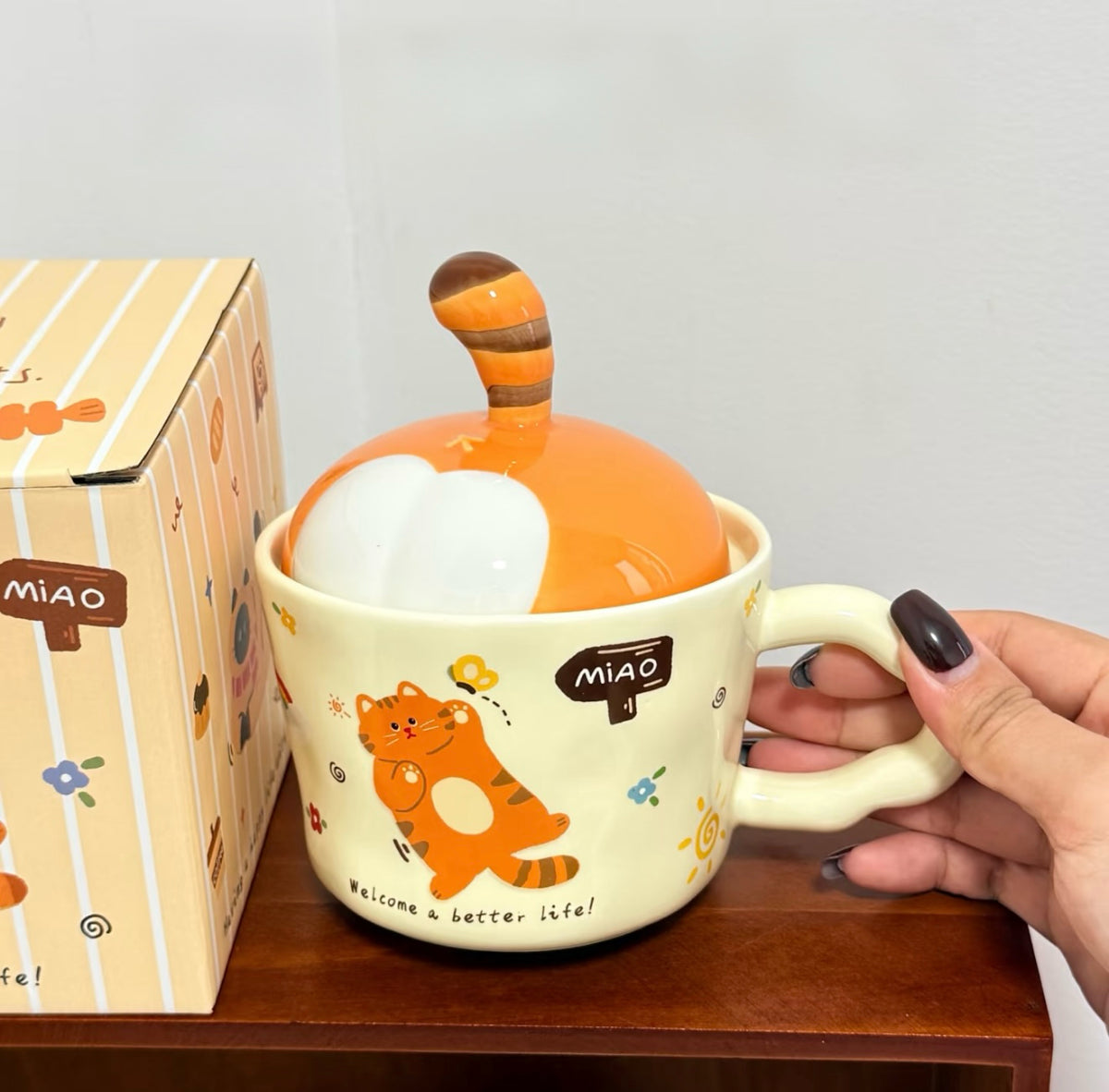 Cute Cat Ceramic Mug with Lid – Creative Coffee Cup, Birthday Gift for Her, Best Friend & Couples
