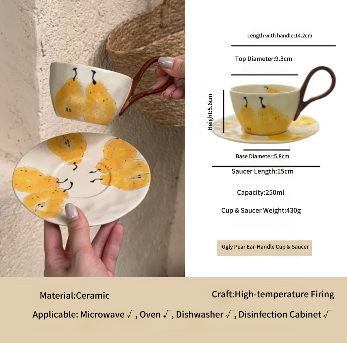 Hand Painted Ceramic Breakfast Set, Ugly Yellow Pear Under-glaze Tableware