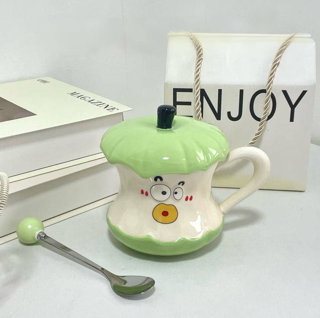 Funny & Cute Apple Mug with Lid and Spoon – Ceramic Coffee Cup, Birthday Gift for Her, Best Friend Gift Box