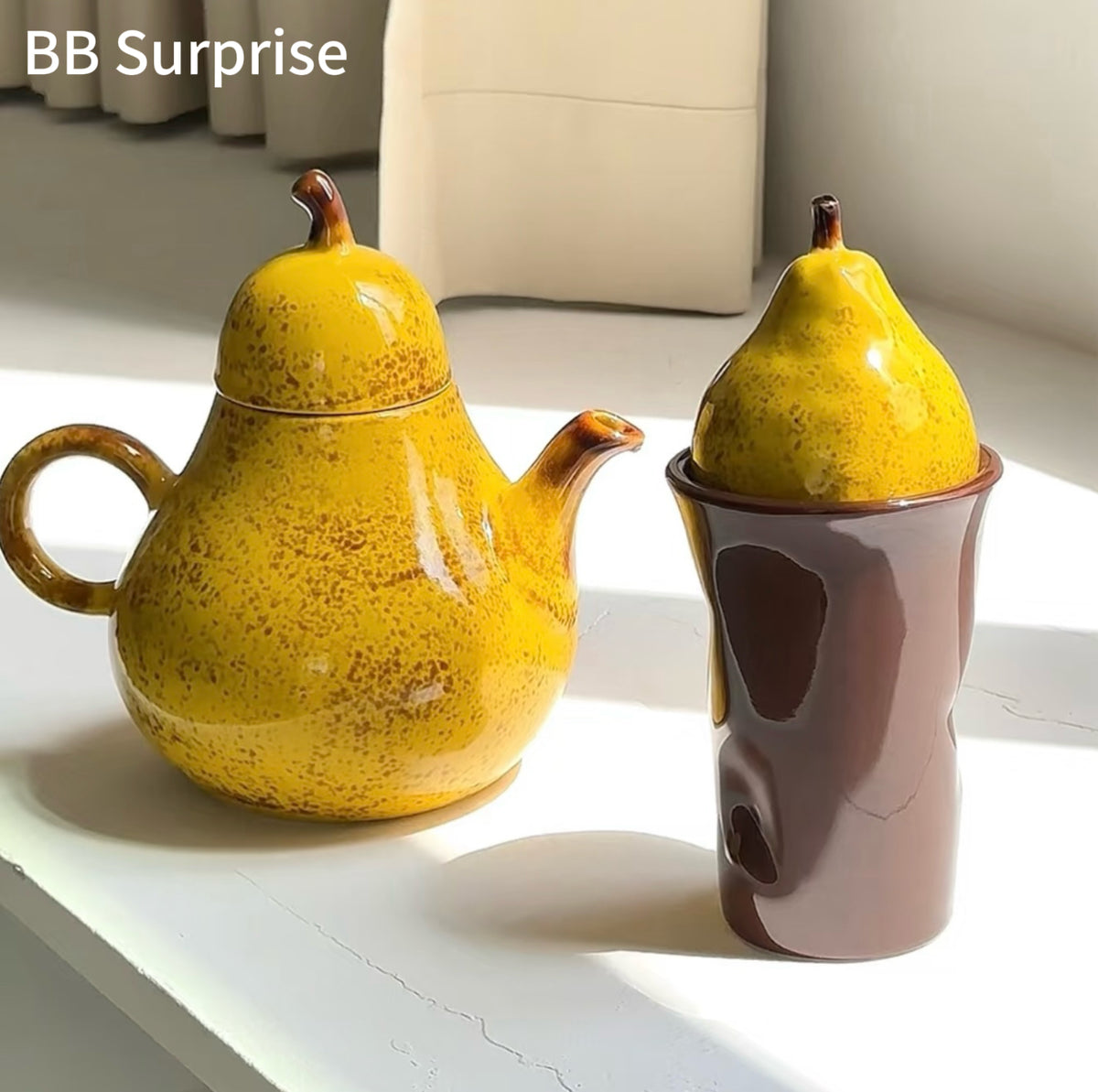 Cute Pear Ceramic Mug & Teapot Set – Vintage Aesthetic Coffee & Tea Set, Unique Home Decor & Gift