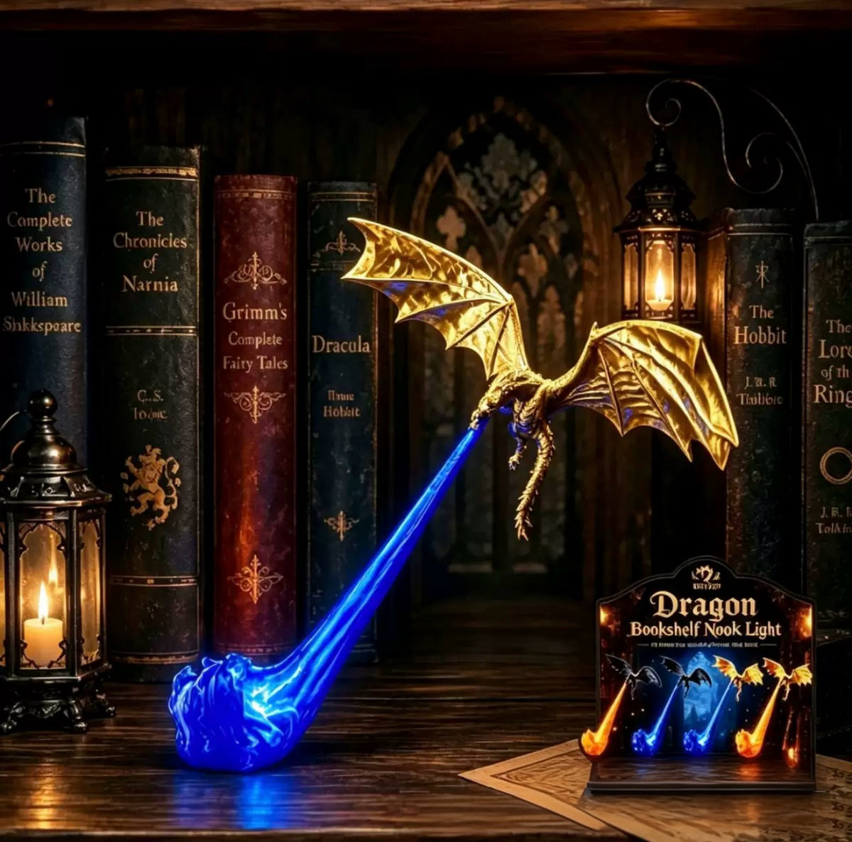 3D Printed Dragon Bookshelf Nook Light – Fantasy Dragon Book Nook Lamp & Shelf Decor