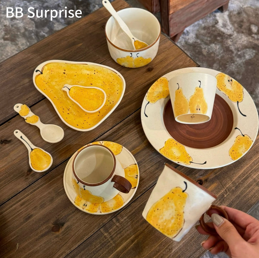 Hand Painted Ceramic Breakfast Set, Ugly Yellow Pear Under-glaze Tableware