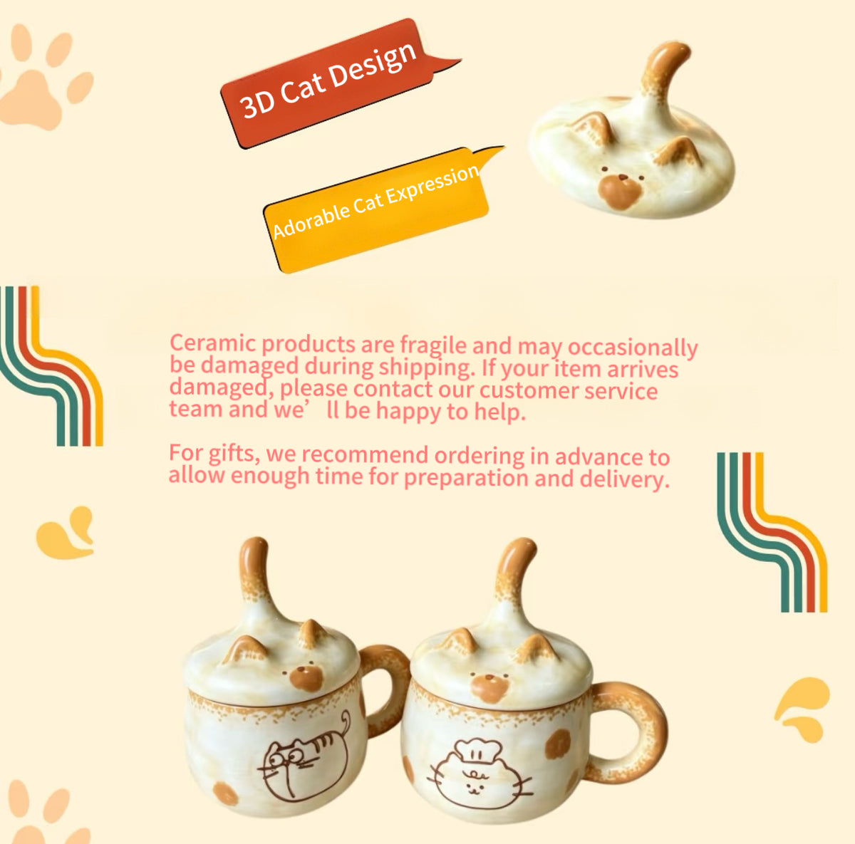 Cute 3D Cat Tail Ceramic Mug with Lid – 350ml