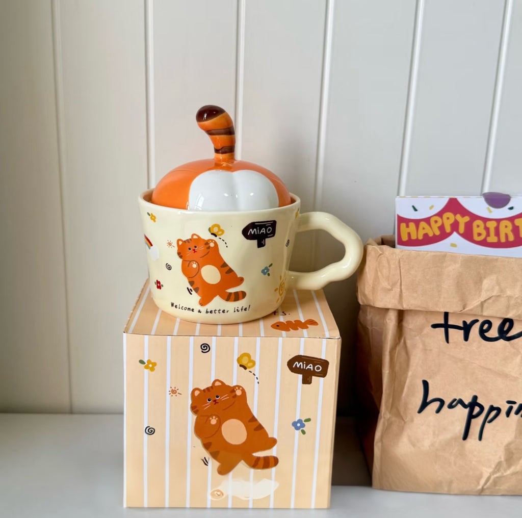 Cute Cat Ceramic Mug with Lid – Creative Coffee Cup, Birthday Gift for Her, Best Friend & Couples