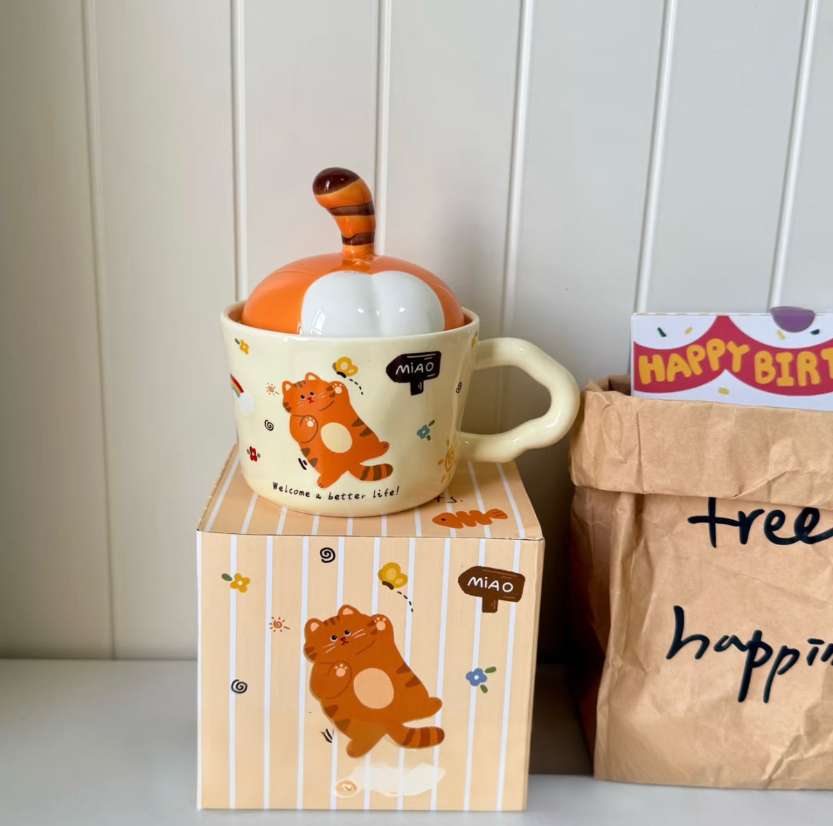 Cute Cat Ceramic Mug with Lid – Creative Coffee Cup, Birthday Gift for Her, Best Friend & Couples