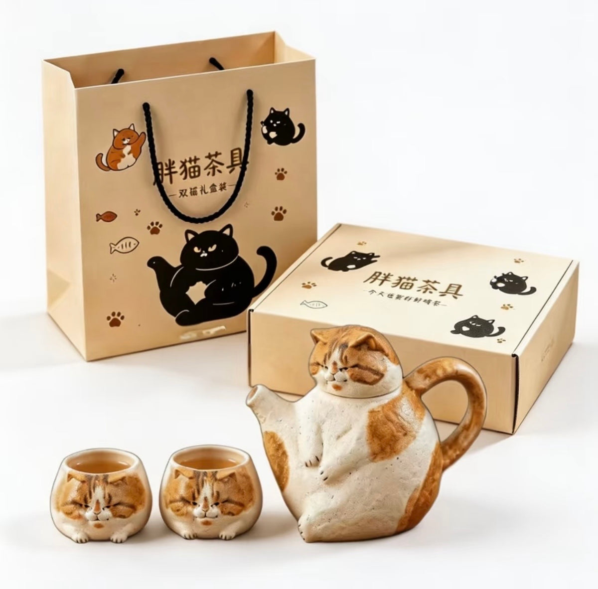 Handmade Cute Chubby Cat Teapot – Adorable Teapot Set, Housewarming & Birthday Gift Box