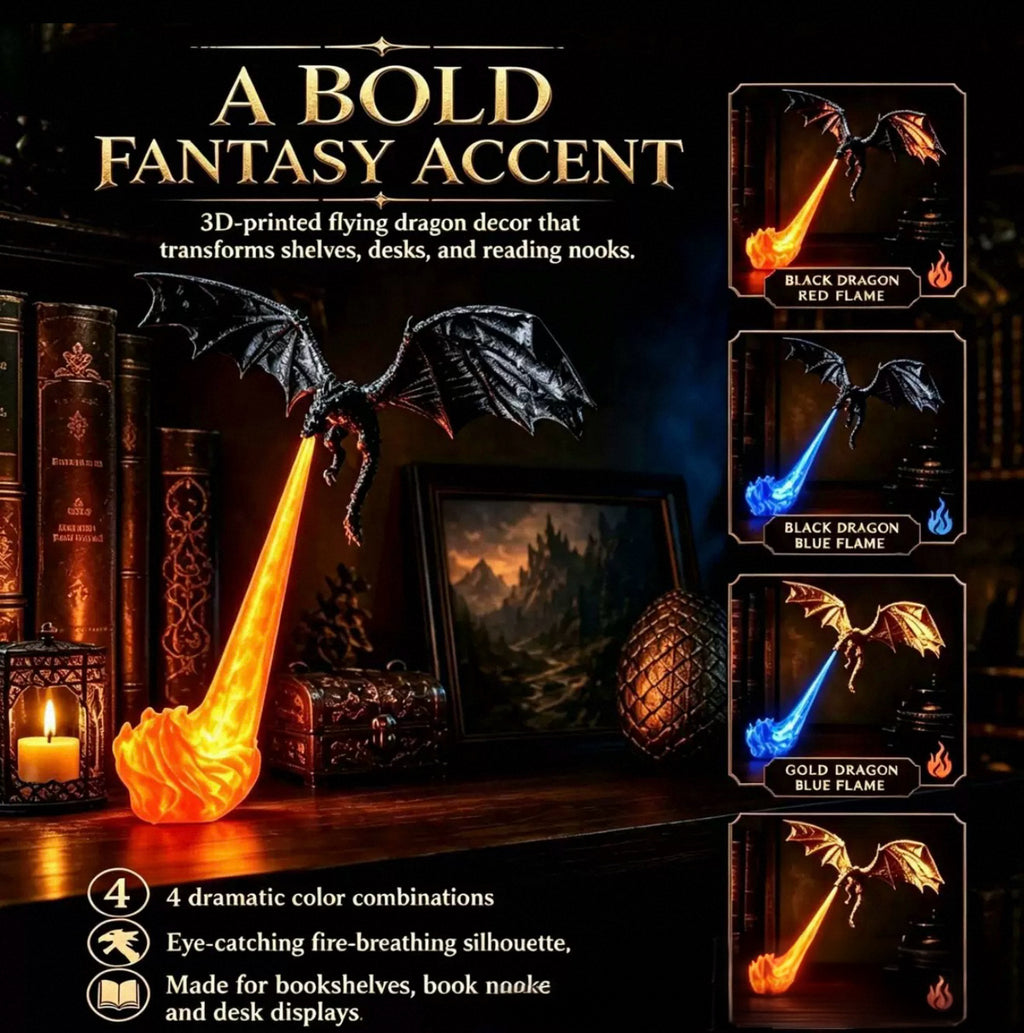 3D Printed Dragon Bookshelf Nook Light – Fantasy Dragon Book Nook Lamp & Shelf Decor