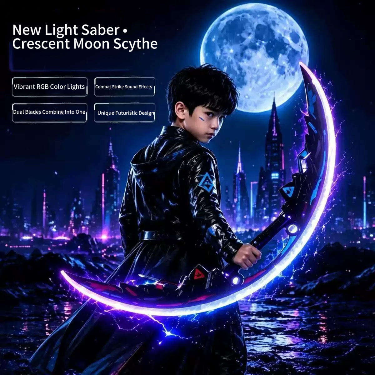 2-in-1 Glowing Crescent Moon Dual Blade Toy Saber for Boys with Combat Sound Effects