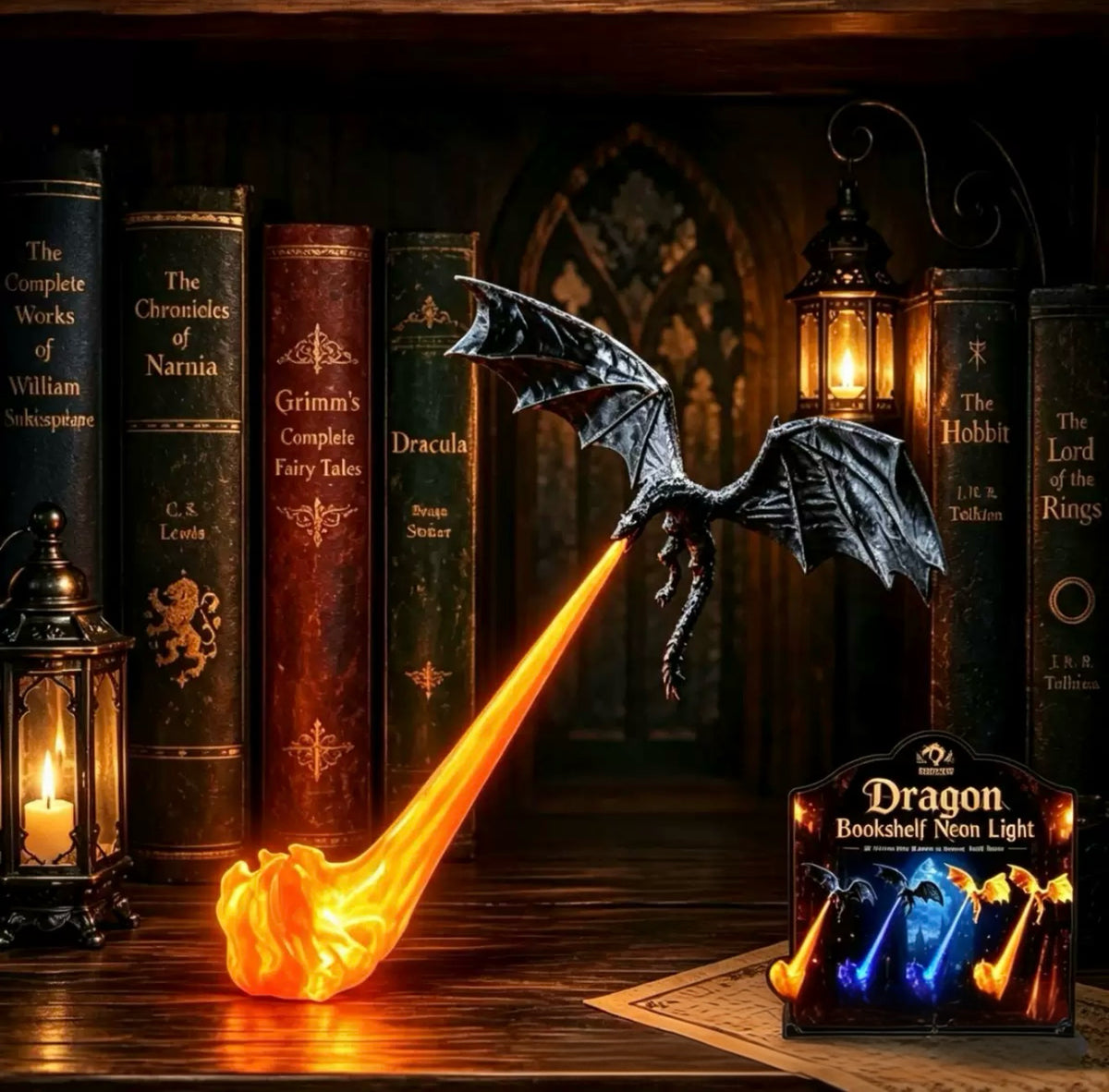 3D Printed Dragon Bookshelf Nook Light – Fantasy Dragon Book Nook Lamp & Shelf Decor