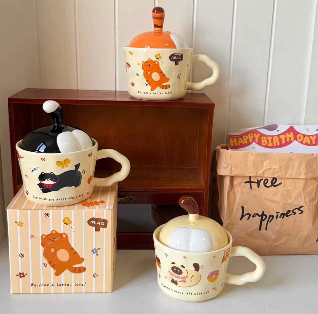 Cute Cat Ceramic Mug with Lid – Creative Coffee Cup, Birthday Gift for Her, Best Friend & Couples