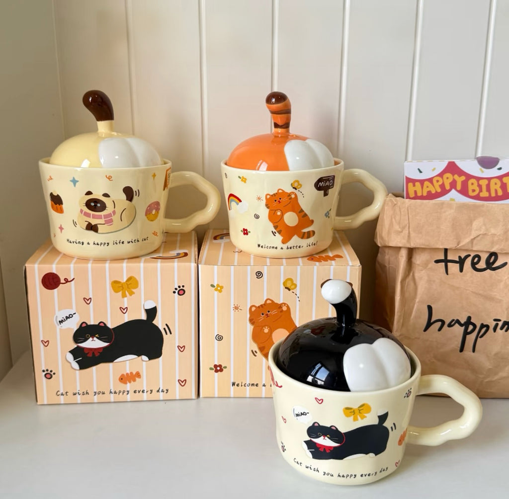 Cute Cat Ceramic Mug with Lid – Creative Coffee Cup, Birthday Gift for Her, Best Friend & Couples