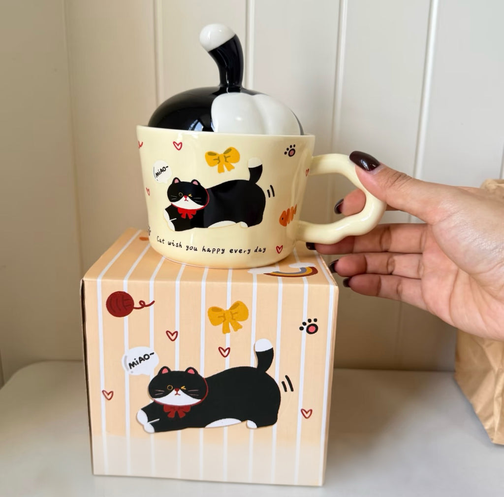 Cute Cat Ceramic Mug with Lid – Creative Coffee Cup, Birthday Gift for Her, Best Friend & Couples