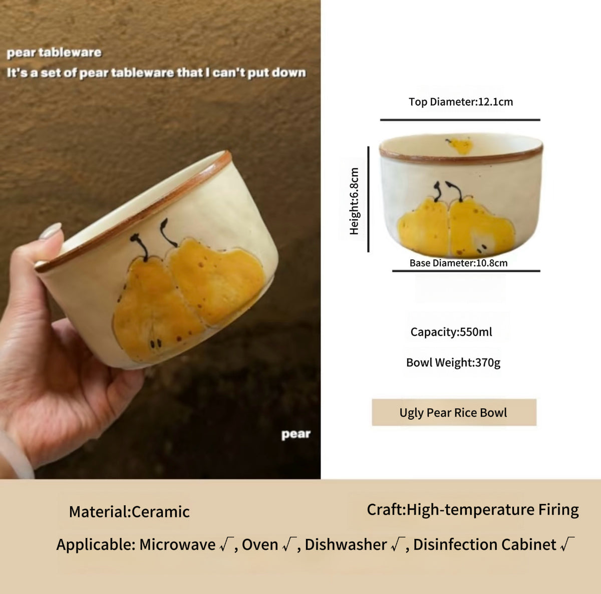 Hand Painted Ceramic Breakfast Set, Ugly Yellow Pear Under-glaze Tableware