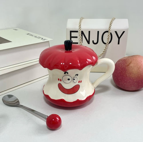 Funny & Cute Apple Mug with Lid and Spoon – Ceramic Coffee Cup, Birthday Gift for Her, Best Friend Gift Box