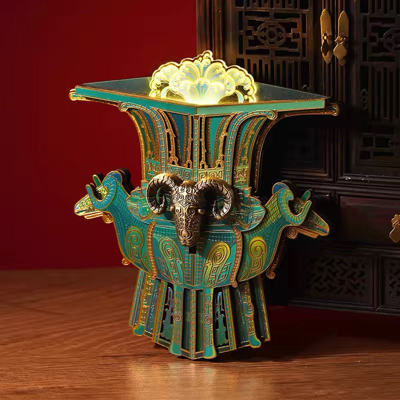National Museum of China Four-Ram Bronze Zun Wooden Fridge Magnet with LED Light - Creative Gift Decor