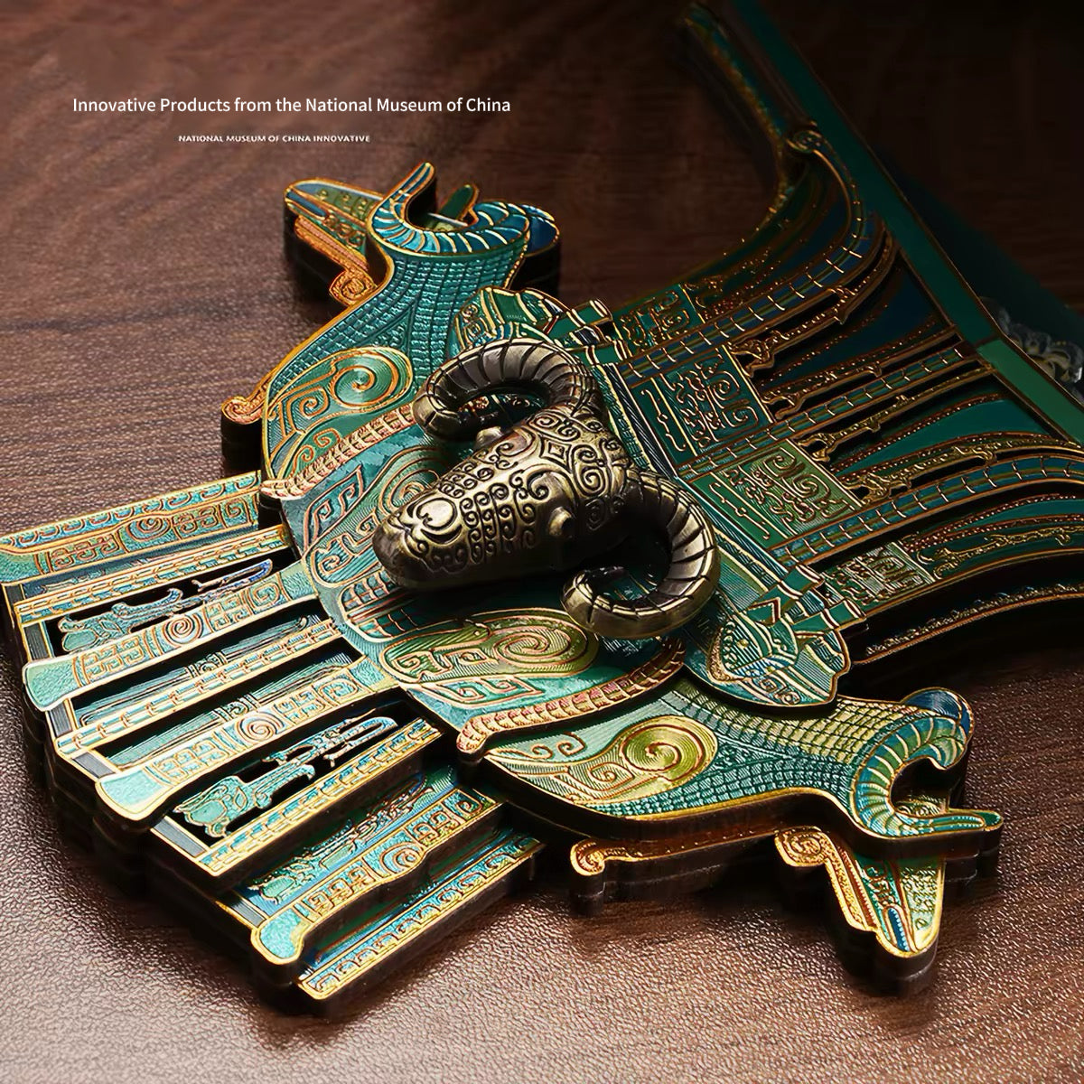 National Museum of China Four-Ram Bronze Zun Wooden Fridge Magnet with LED Light - Creative Gift Decor