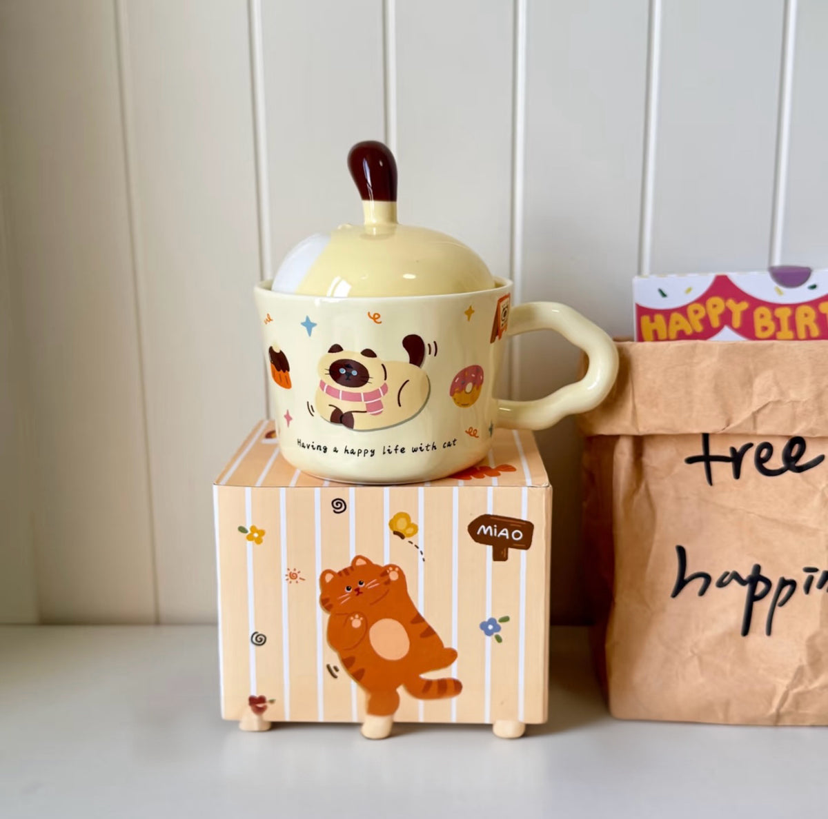 Cute Cat Ceramic Mug with Lid – Creative Coffee Cup, Birthday Gift for Her, Best Friend & Couples