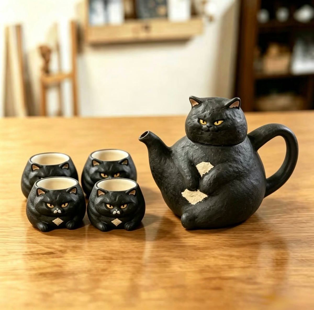 Handmade Cute Chubby Cat Teapot – Adorable Teapot Set, Housewarming & Birthday Gift Box